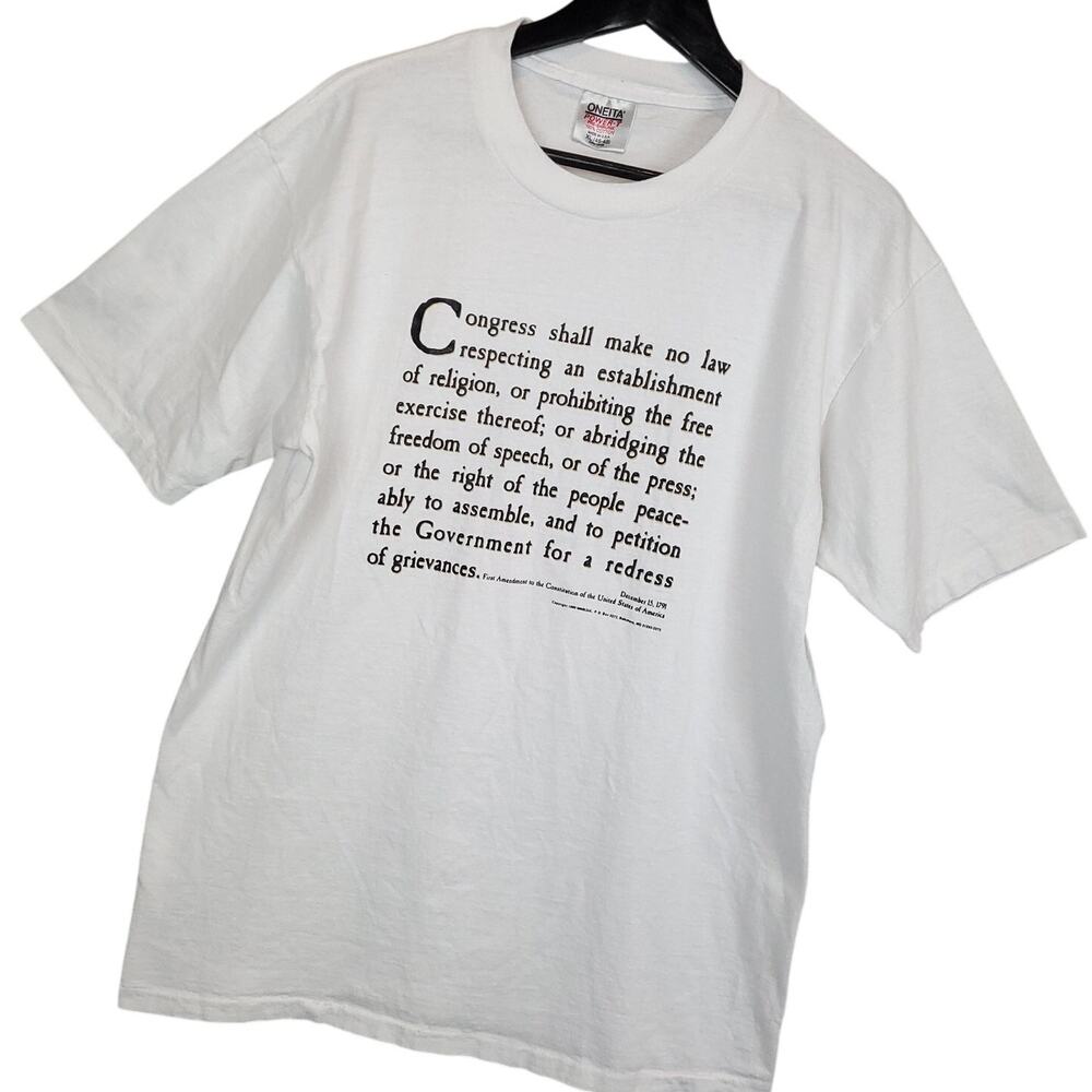 Vintage 1990 Oneita 1st Amendment White‎ T-Shirt Sz XL Single Stitch USA